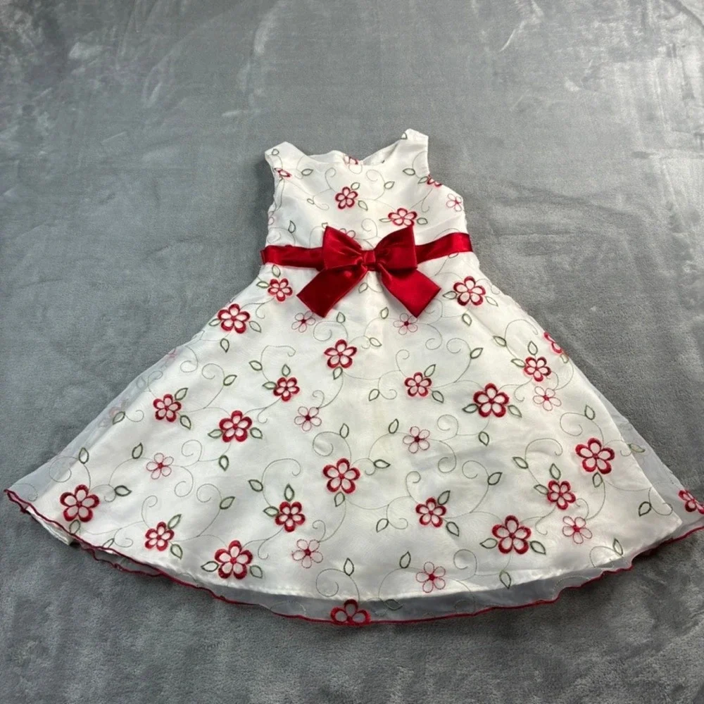 Youngland Girls White Red Floral Embroidered Dress Ribbon‎ Bow Party Size 5